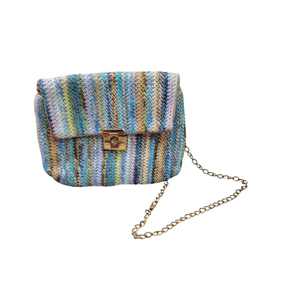 Woven Straw Multi Color Striped Crossbody Bag Gold Chain Strap Turn Lock Blue